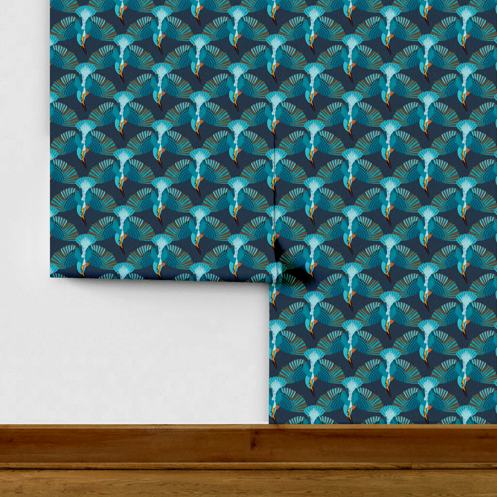 The artwork is a repeating pattern featuring stylized kingfisher birds illustrated in vibrant shades of blue, teal, and orange. Each bird is depicted in a dynamic pose, diving downward with wings fully spread and tail feathers fanned out. The background is dark navy with subtle, curving contour-like lines that add depth and texture without distracting from the birds. The overall composition creates an energetic and harmonious rhythm through the repetition of the detailed, geometric plumage and the crisp outlines, capturing the essence of motion and nature with a modern graphic design approach.
